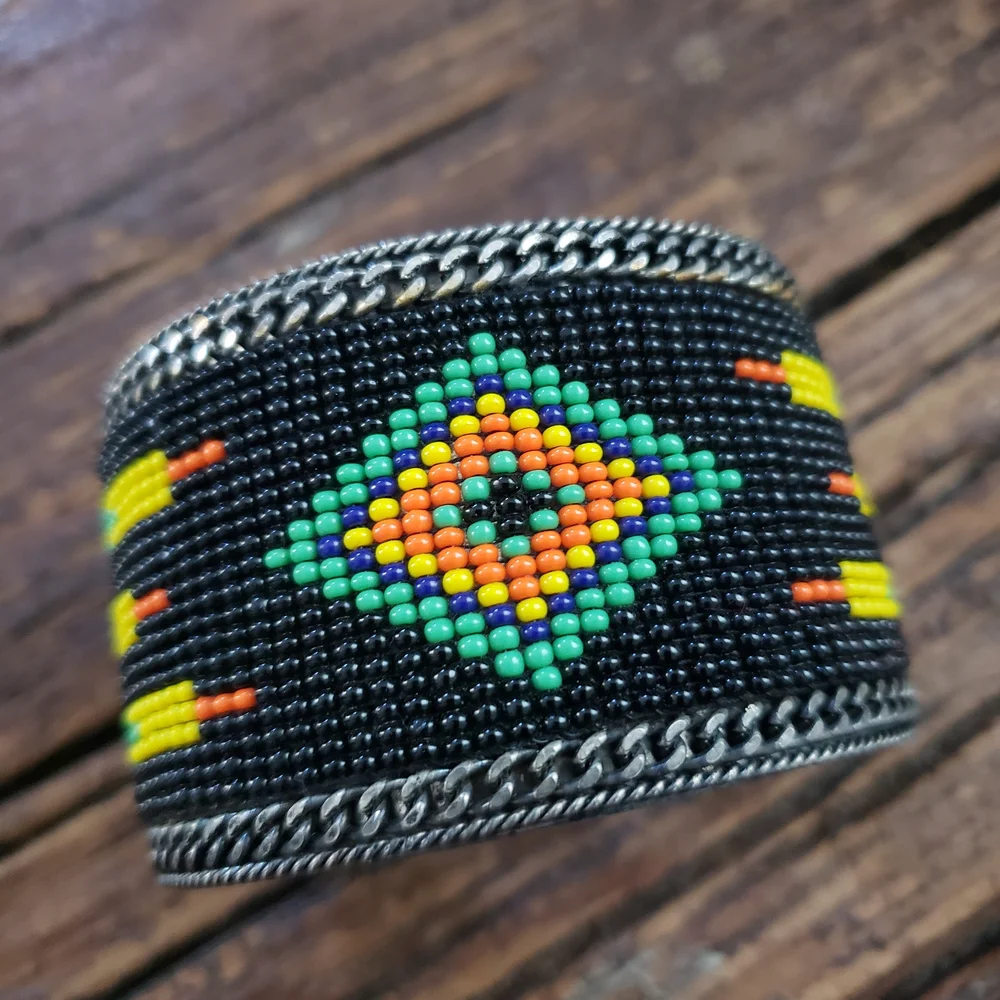 Handcrafted Beaded Cuff Bracelet - Black, Yellow, Green, Orange